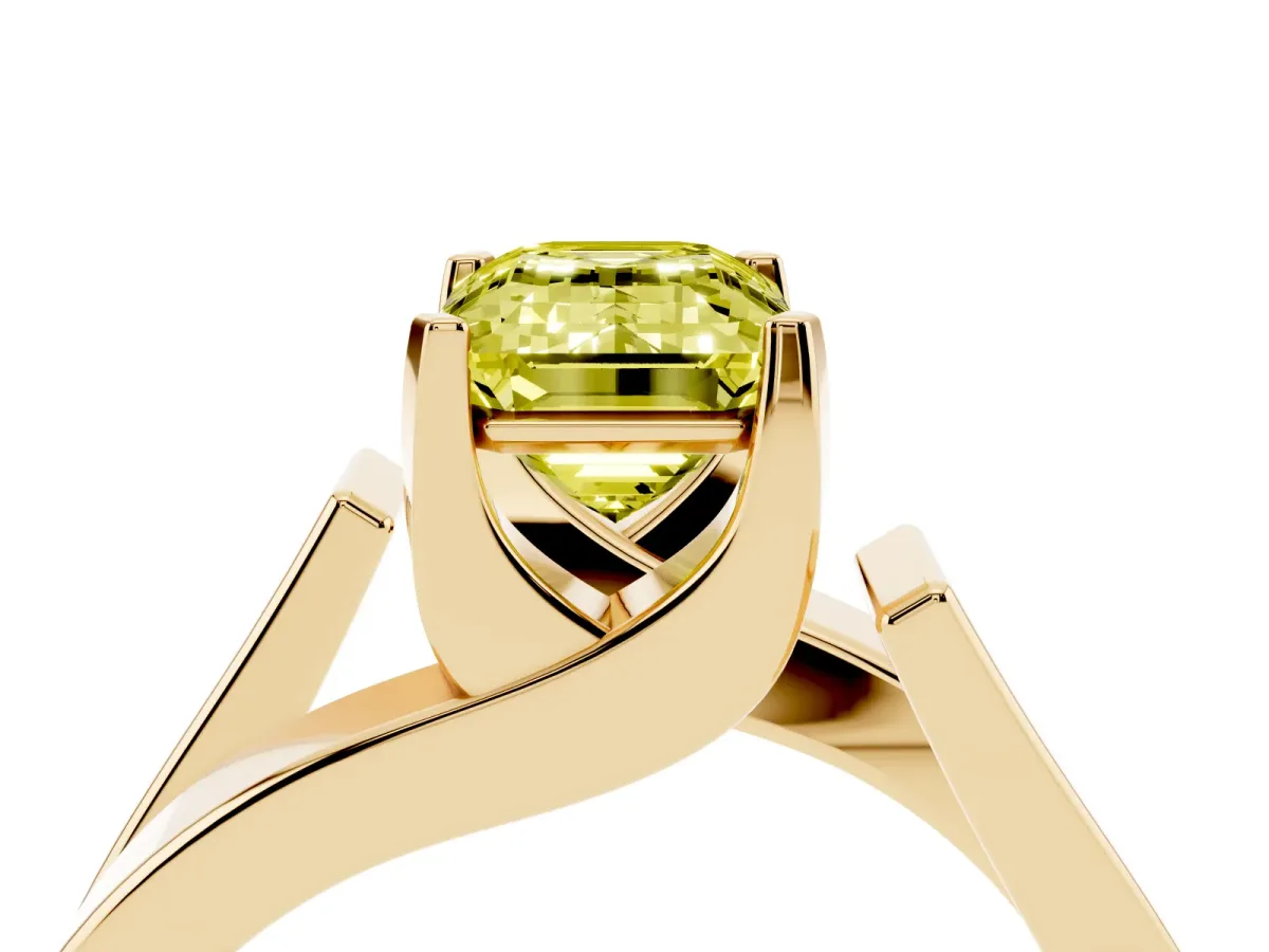 Fancy Yellow Modern Tension Set Emerald Cut Diamond Solitaire Wide Band Ring Yellow gold