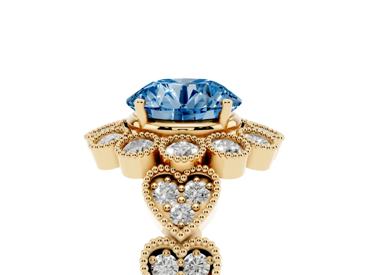 Fancy Blue Round Cut Brilliant Milgrain Pave Heart Band Solitaire Ring Yellow gold