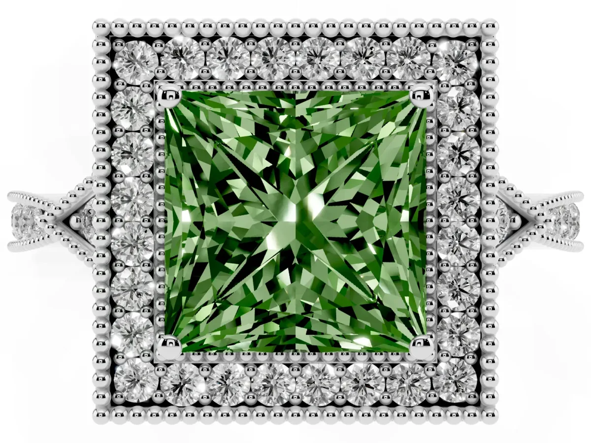 Fancy Green Princess Cut Halo Round Diamond Milgrain Pave Engagement Ring Platinum