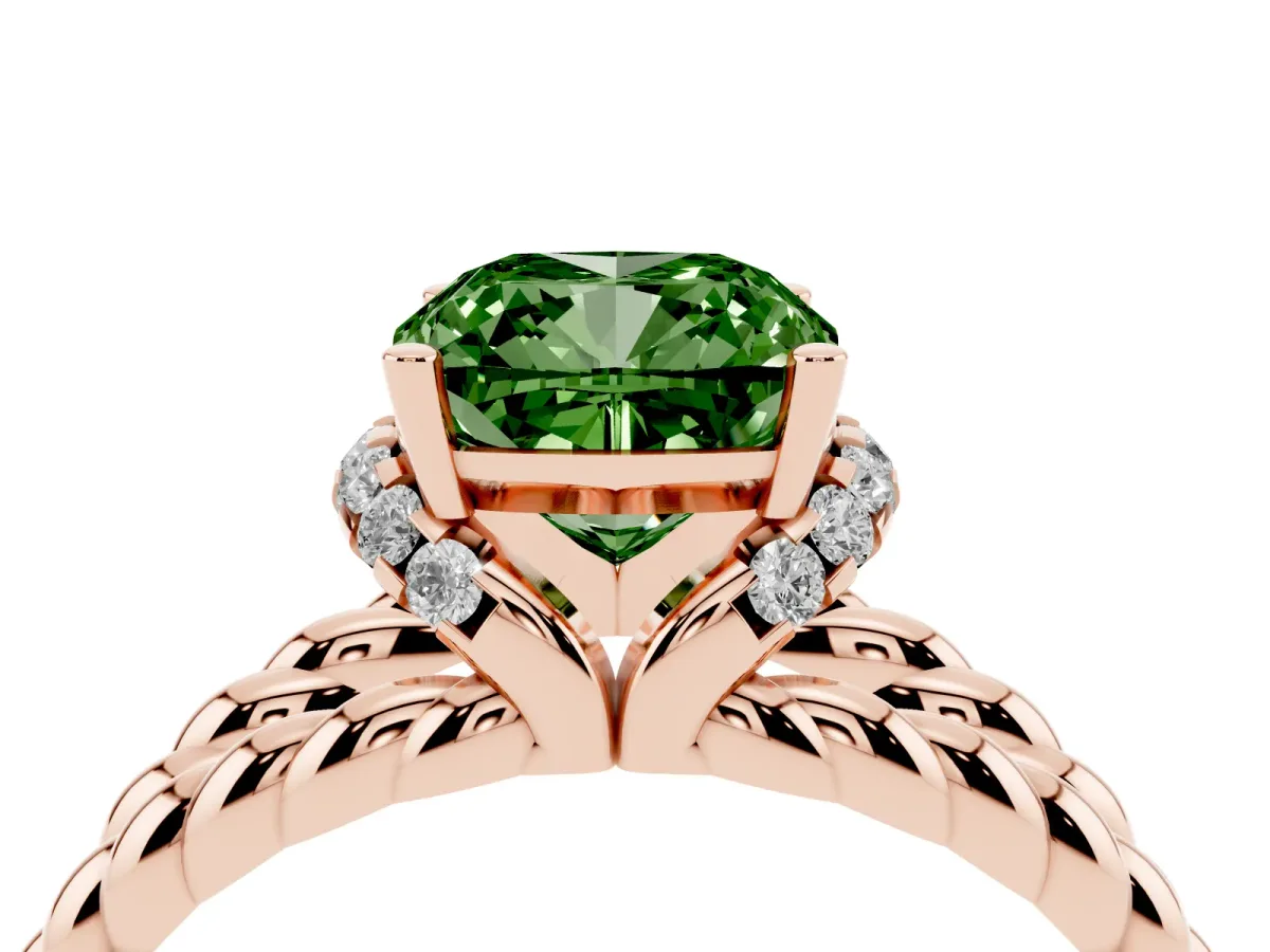 Fancy Green Cushion Cut Halo Twisted Band Four-Prong Ring Rose gold