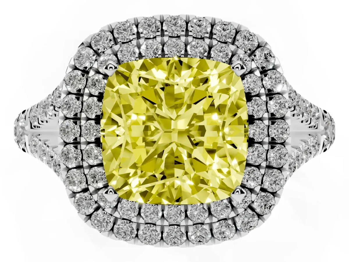 Fancy Yellow Cushion Cut Diamond Pavé Split Shank Double Halo Engagement Ring Silver