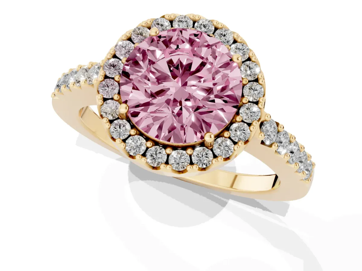 Fancy Pink Round Cut Halo Diamond Pavé Solitaire Ring Yellow gold