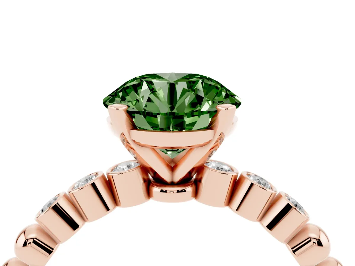 Fancy Green Round Cut Solitaire Bezel Accent Diamond Engagement Ring with Beaded Band and Four-Prong Setting Rose gold