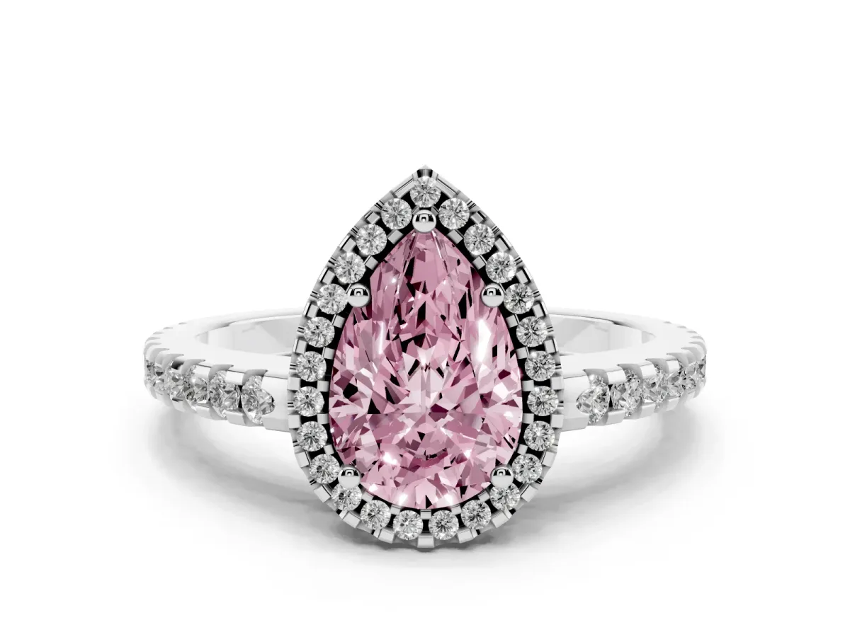 Fancy Pink Pear Cut Diamond Halo Engagement Ring with Pavé Band and Prong Setting Silver