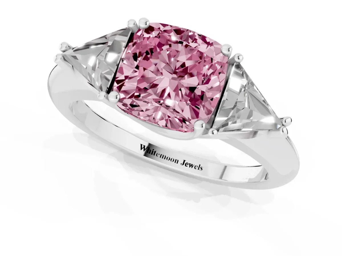 Fancy Pink Three-Stone Cushion Cut Diamond Engagement Ring with Trillion Side Stones and Prong Setting Silver