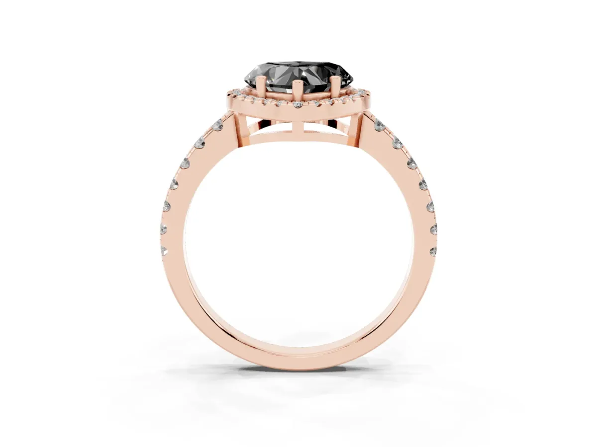 Fancy Black Heart Cut Diamond Halo Ring with Pavé Band and Four-Prong Setting Rose gold