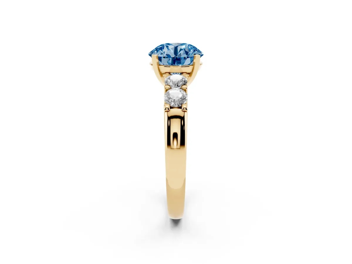 Fancy Blue Round Cut Brilliant Cut Diamond Five-Stone Prong Set Engagement Ring with Channel Band Yellow gold