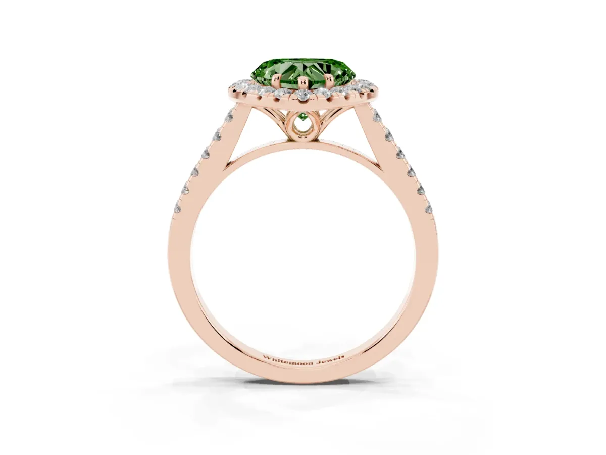 Fancy Green Heart Cut Halo Pavé Diamond Engagement Ring with Four-Prong Setting Rose gold