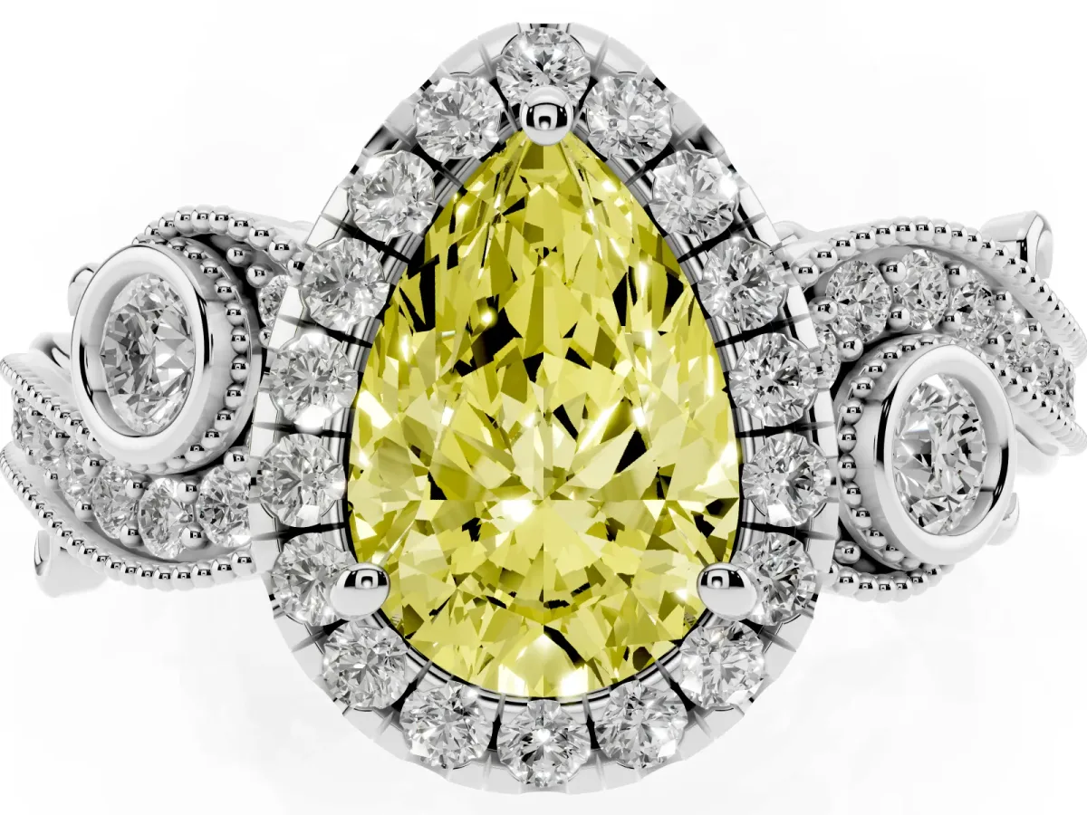 Fancy Yellow Pear Cut Halo Diamond Ring with Milgrain and Bezel Accents on a Split Shank Band White gold