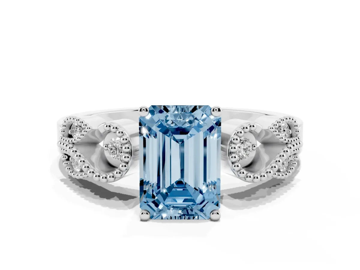 Fancy Blue Emerald Cut Solitaire Milgrain Leaf Band with Prong Setting Silver