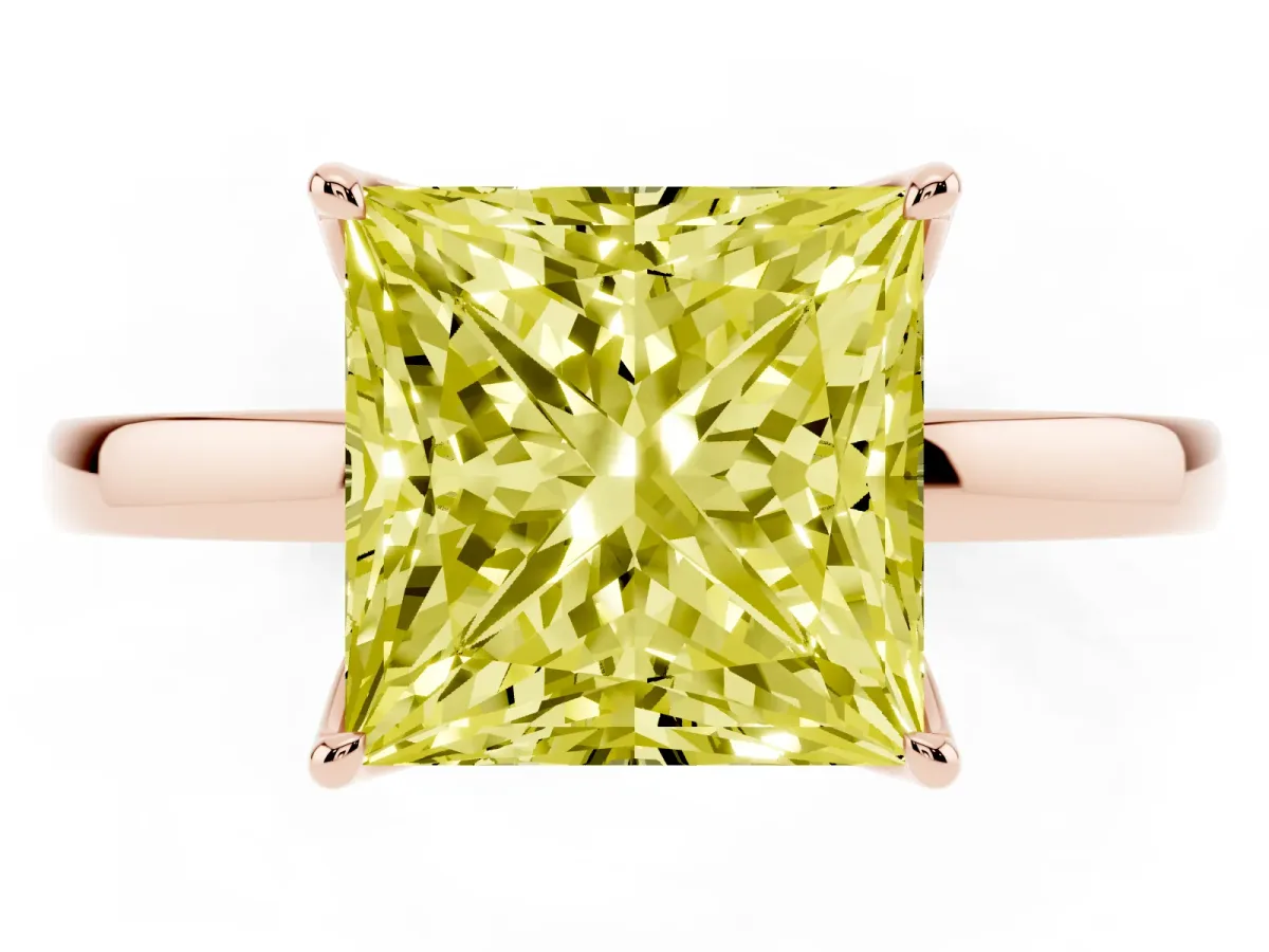 Fancy Yellow Princess Cut Diamond Solitaire Ring with Thin Band and Prong Setting Rose gold