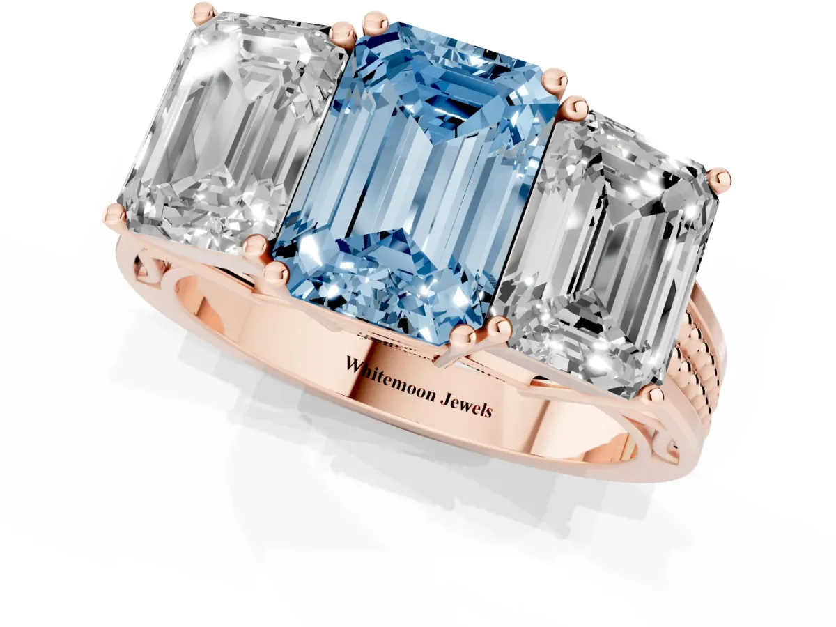 Fancy Blue Emerald Cut Diamond Three-Stone Ring with Prong Setting and Textured Band Rose gold