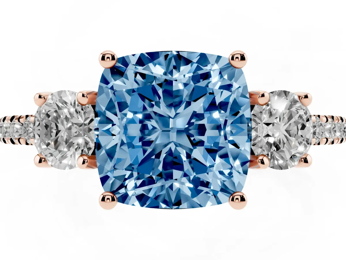 Fancy Blue Three-Stone Cushion Cut Cut Diamond Pavé Band with Prong Setting Rose gold