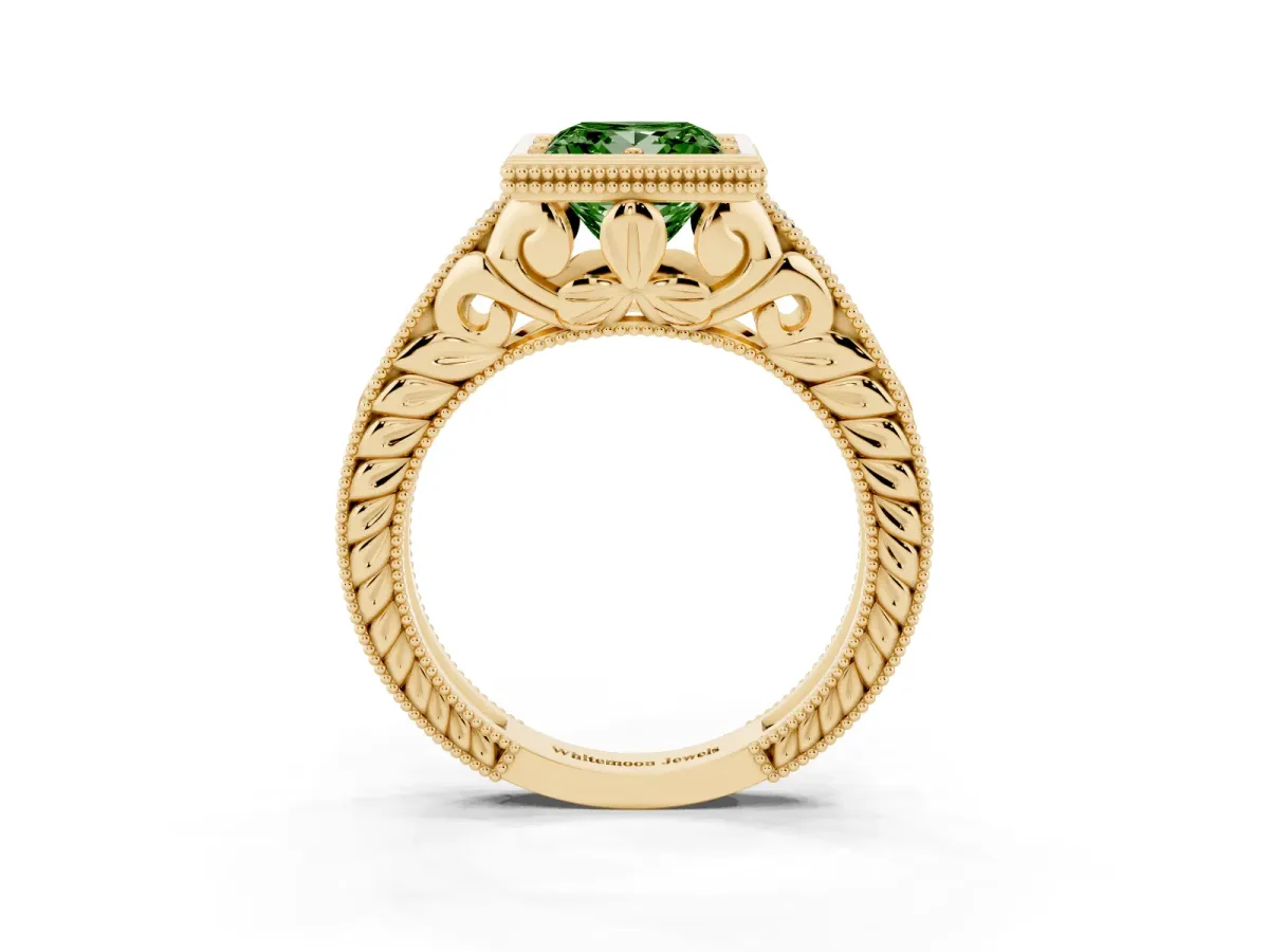Fancy Green Bezel Set Princess Cut Diamond Milgrain Pave Engagement Ring Yellow gold