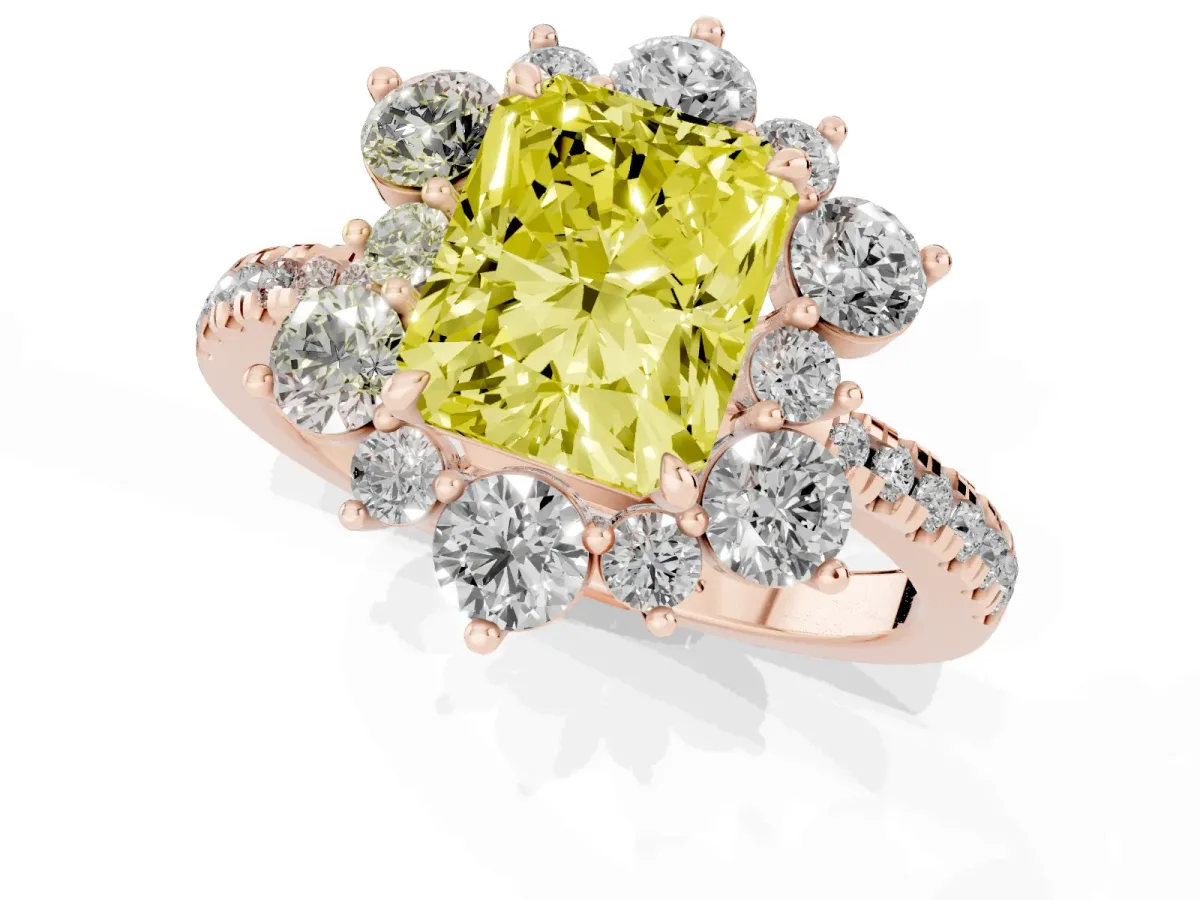 Fancy Yellow Radiant Cut Diamond Floral Halo Ring with Round Pavé Band and Prong Setting Rose gold