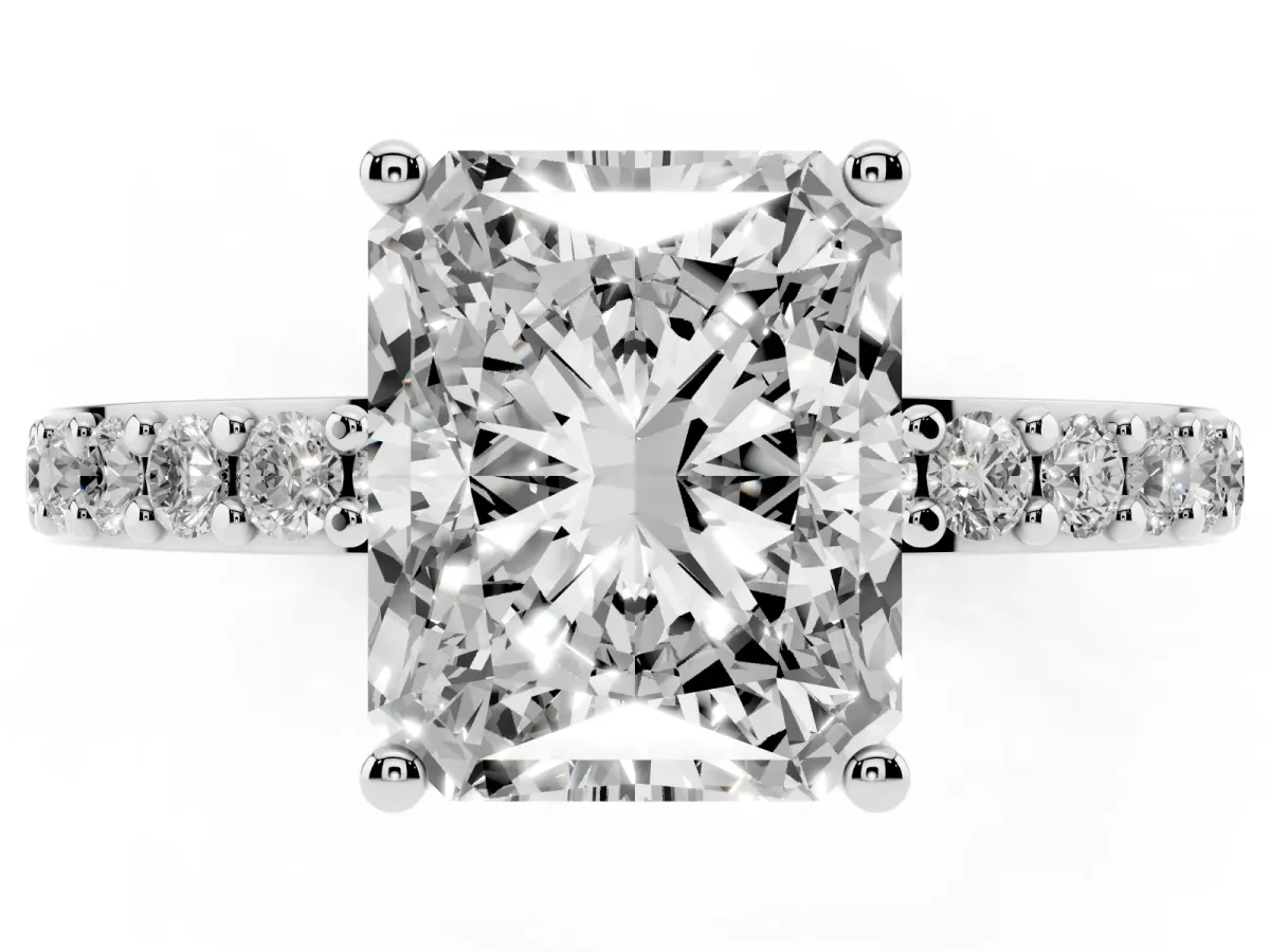 Radiant Cut Cut Diamond Solitaire with Pave Band and Four-Prong Setting Silver