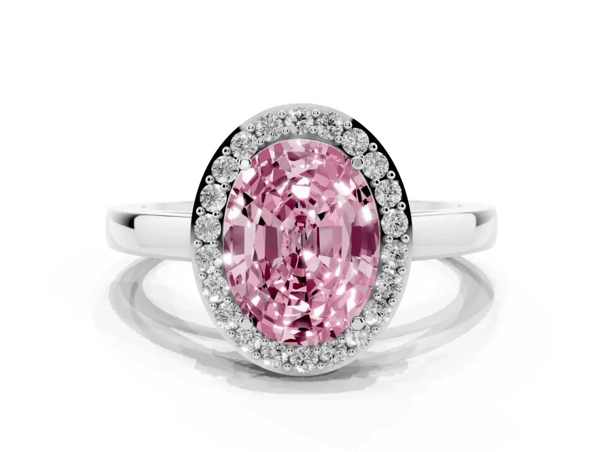 Fancy Pink Oval Cut Halo Diamond Ring with Solitaire Band and Prong Setting Silver