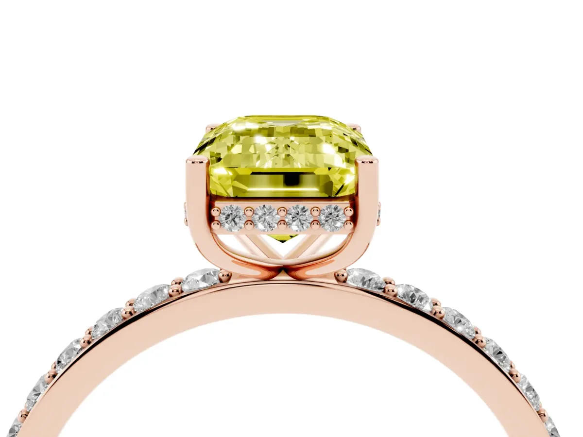 Fancy Yellow Emerald Cut Diamond Solitaire Ring with Pavé Band and Hidden Halo Rose gold