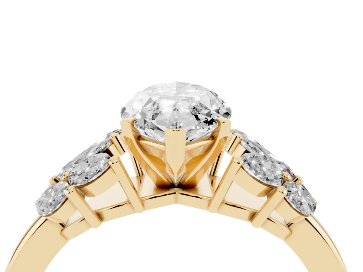 Marquise Cut Diamond Cluster Leaf Design Ring with Prong Setting Yellow gold