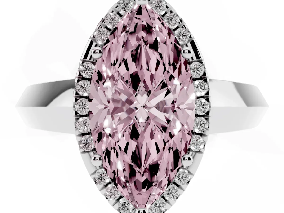 Fancy Pink Marquise Cut Halo Diamond Ring with Cathedral Band and Four-Prong Setting Platinum