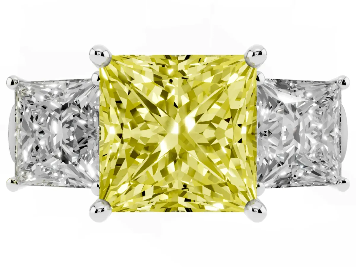 Fancy Yellow Three-Stone Princess Cut Brilliant Diamond Trellis Ring with Comfort Fit Band White gold
