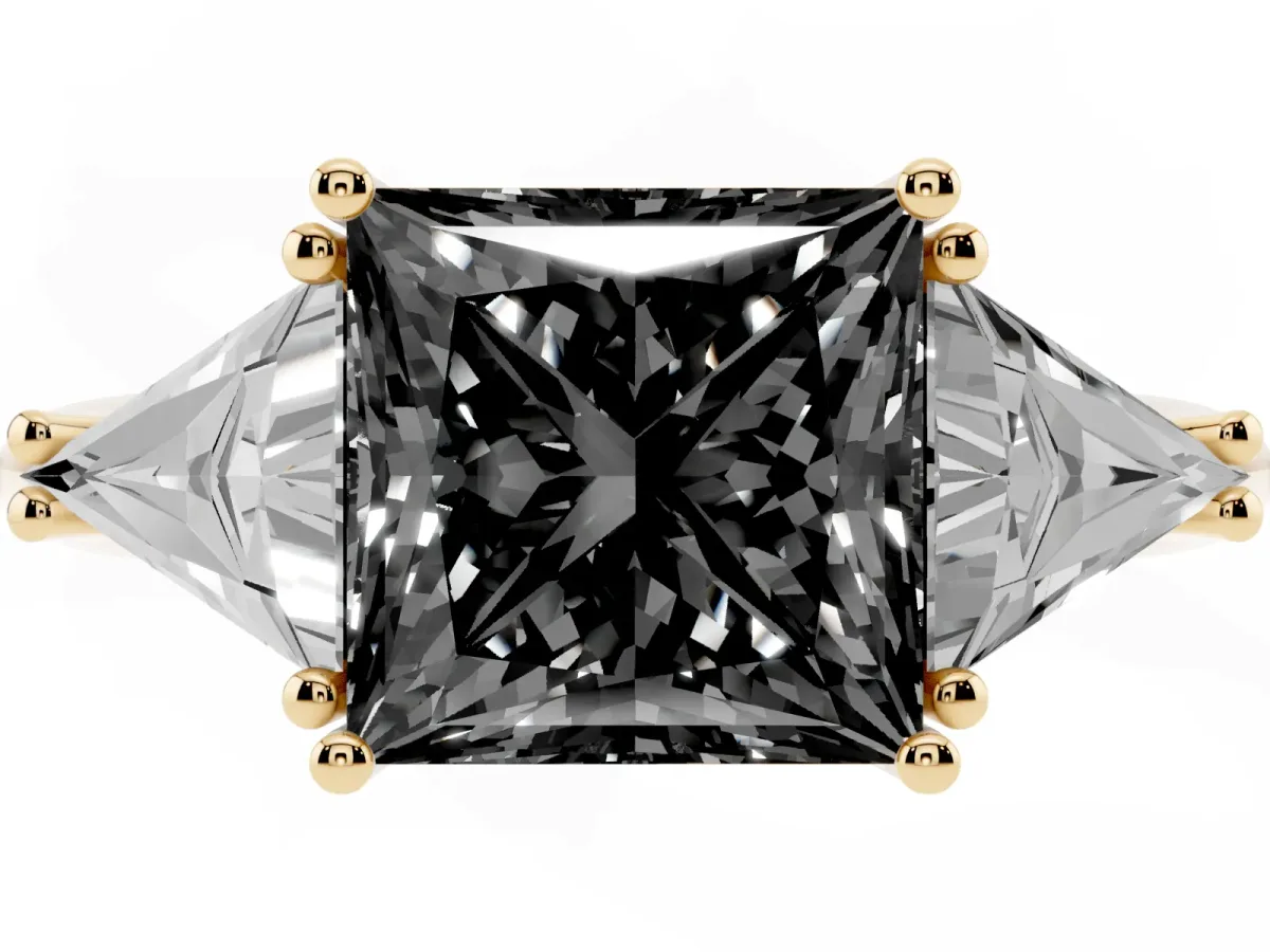 Fancy Black Three-Stone Princess Cut Diamond Engagement Ring with Trillion Side Stones and Prong Setting Yellow gold