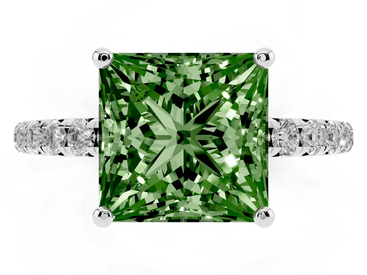 Fancy Green Princess Cut Cut Diamond Solitaire Ring with Micro Pave Band and Four Prong Setting Silver