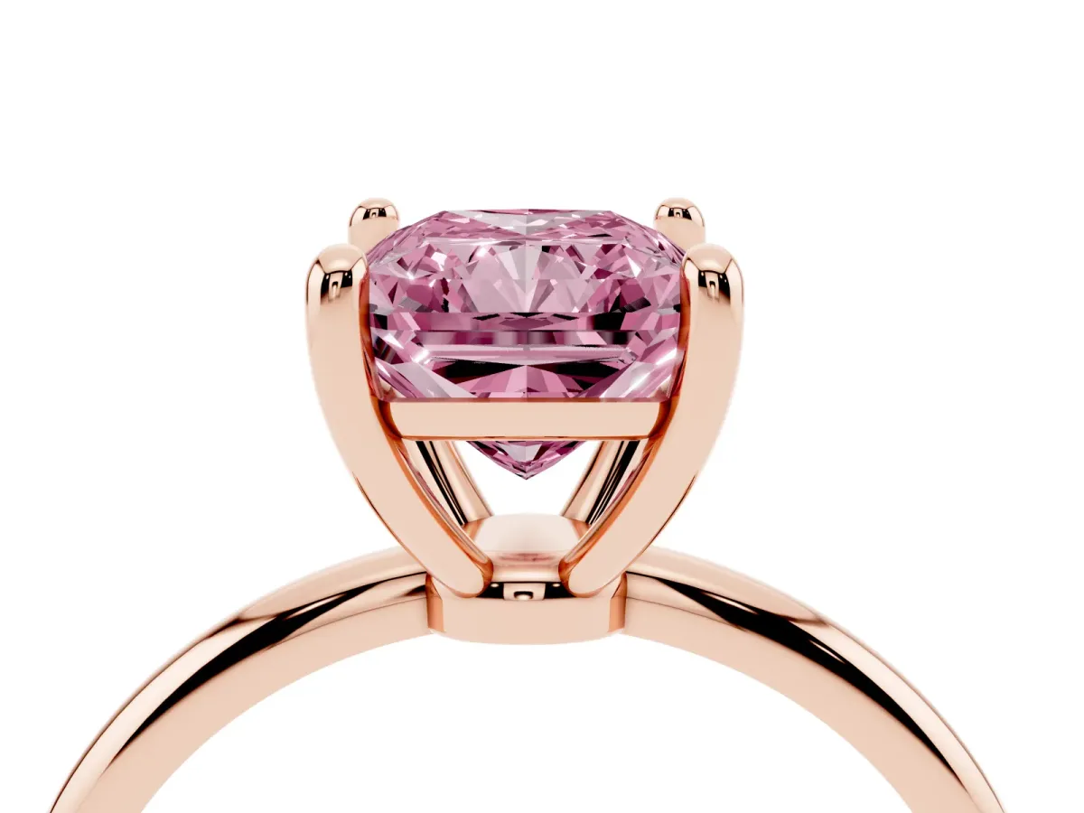 Fancy Pink Radiant Cut Solitaire Diamond Ring with 4-Prong Setting on a Classic Band Rose gold