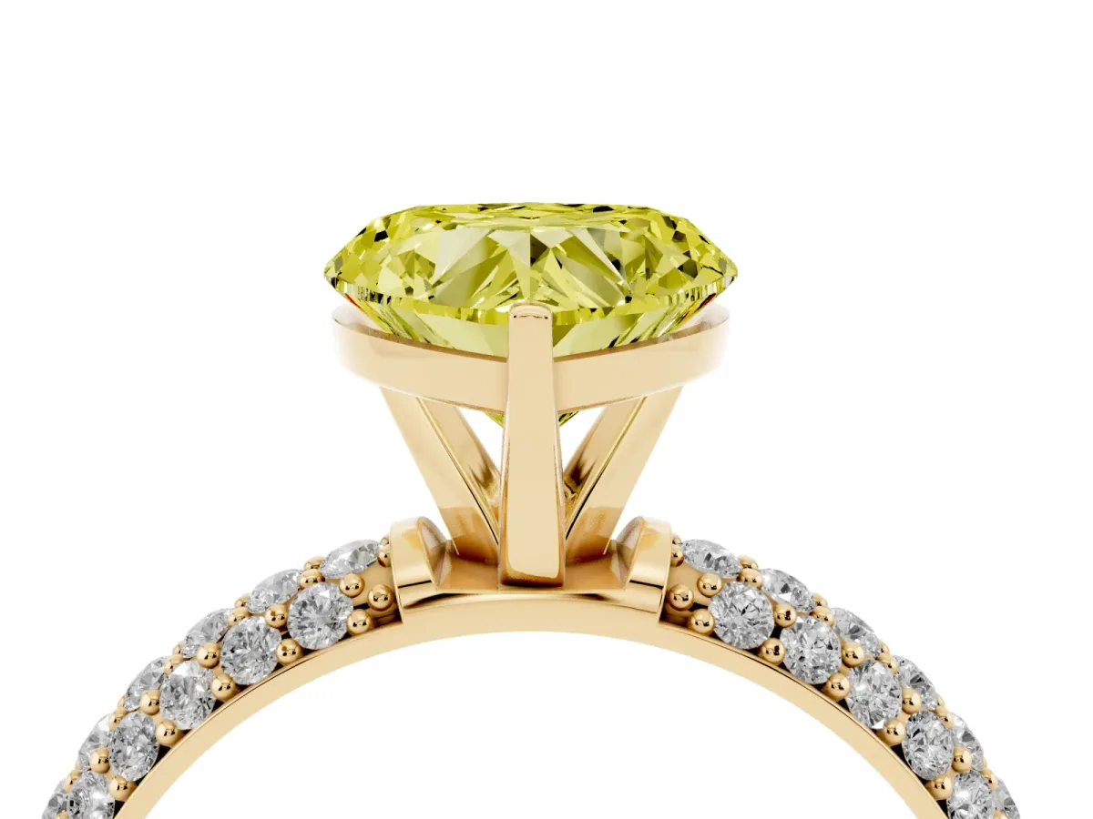 Fancy Yellow Heart Cut Diamond Solitaire Ring with Prong Setting and Pavé Band Yellow gold