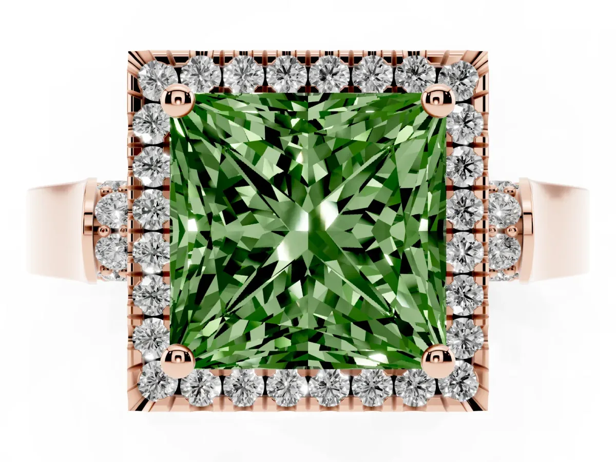 Fancy Green Princess Cut Halo Round Diamond Twist Band with Four-Prong Setting Rose gold