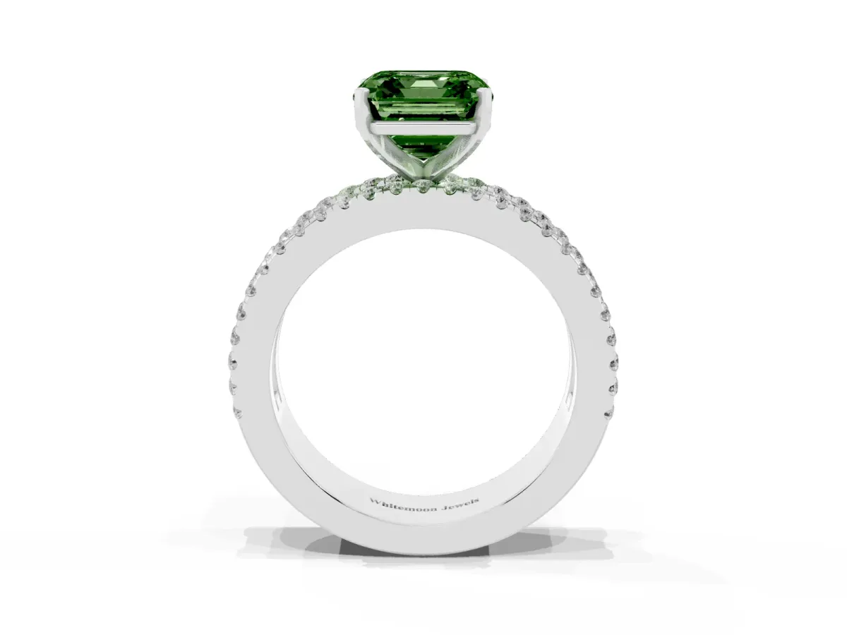 Fancy Green Asscher Cut Diamond Solitaire Ring with Pavé and Channel Set Band Silver