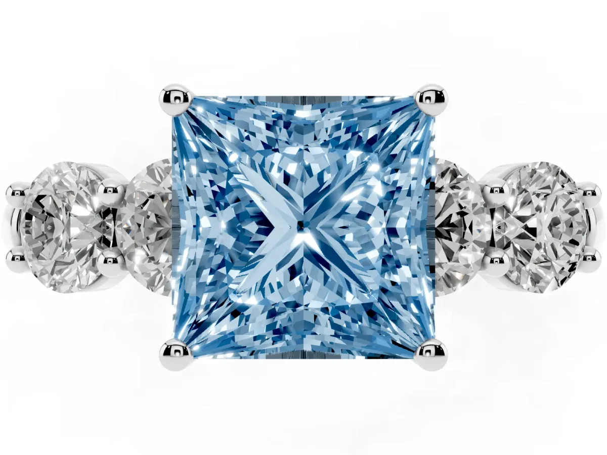 Fancy Blue Princess Cut Cut Five-Stone Prong Set Diamond Ring with Classic Band Silver