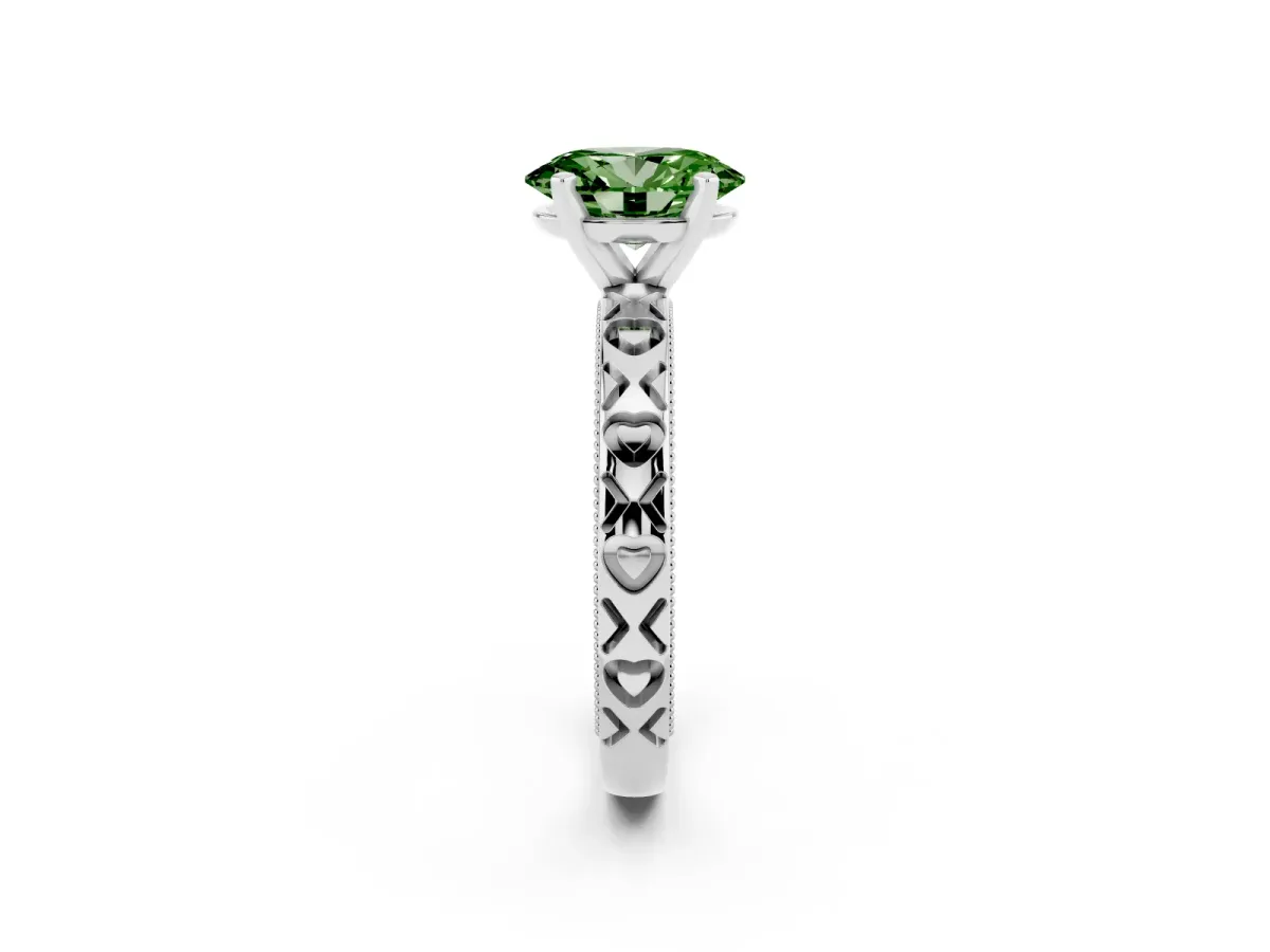 Fancy Green Oval Cut Solitaire Diamond Engagement Ring with XO Engraved Band and Four-Prong Setting Silver