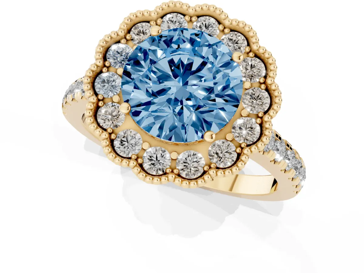 Fancy Blue Round Cut Cut Diamond Milgrain Floral Halo Engagement Ring with Pavé Band Yellow gold
