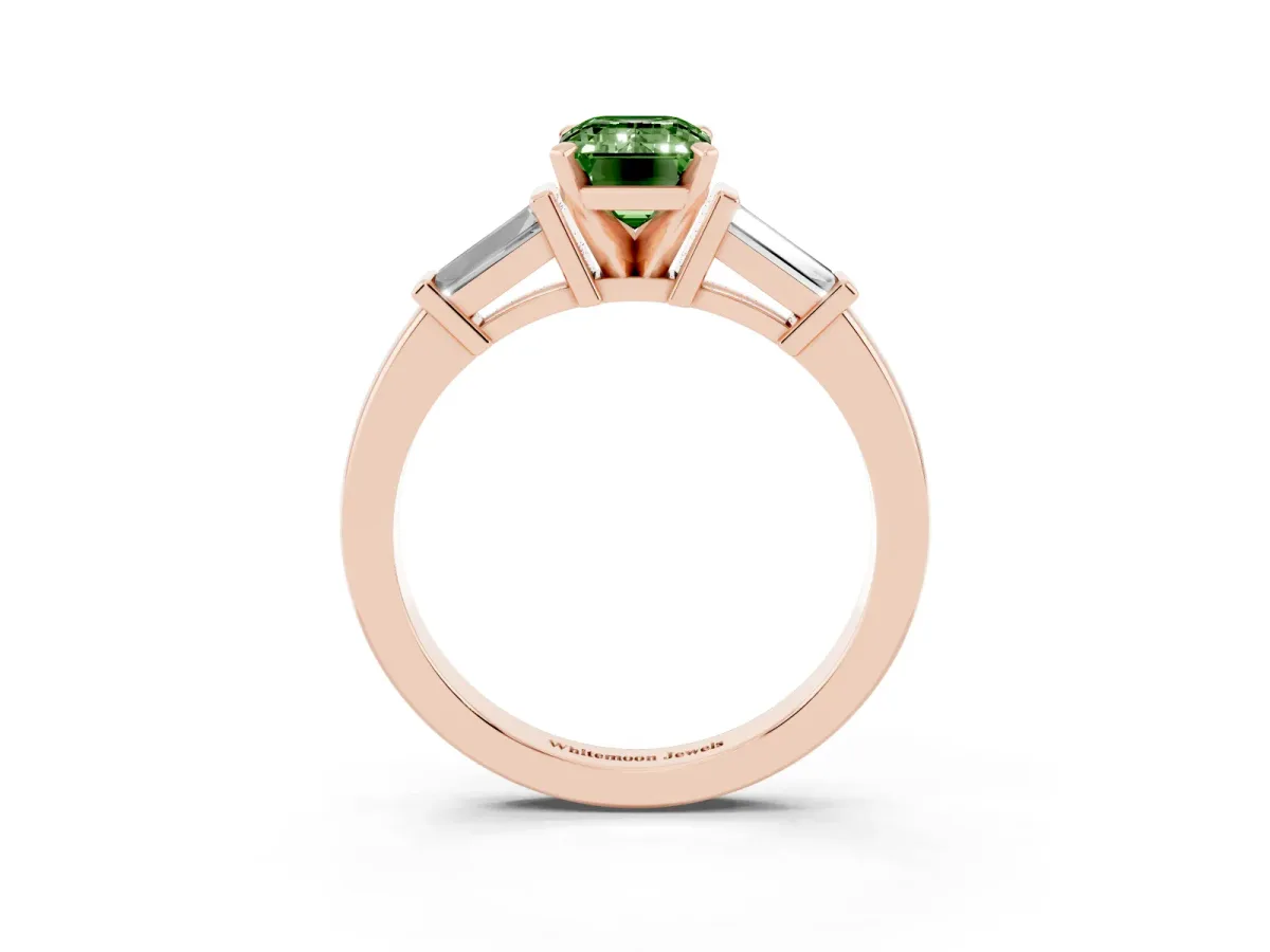 Fancy Green Emerald Cut Cut Diamond Solitaire Ring with Tapered Baguette Accents and Four-Prong Setting Rose gold