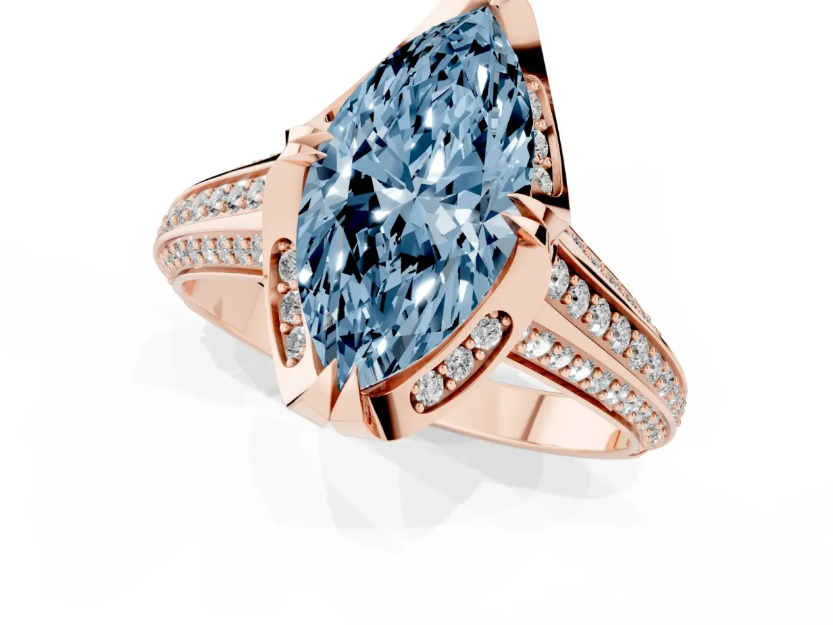 Fancy Blue Marquise Cut Solitaire Pave Split Shank Ring with Four-Prong Setting Rose gold