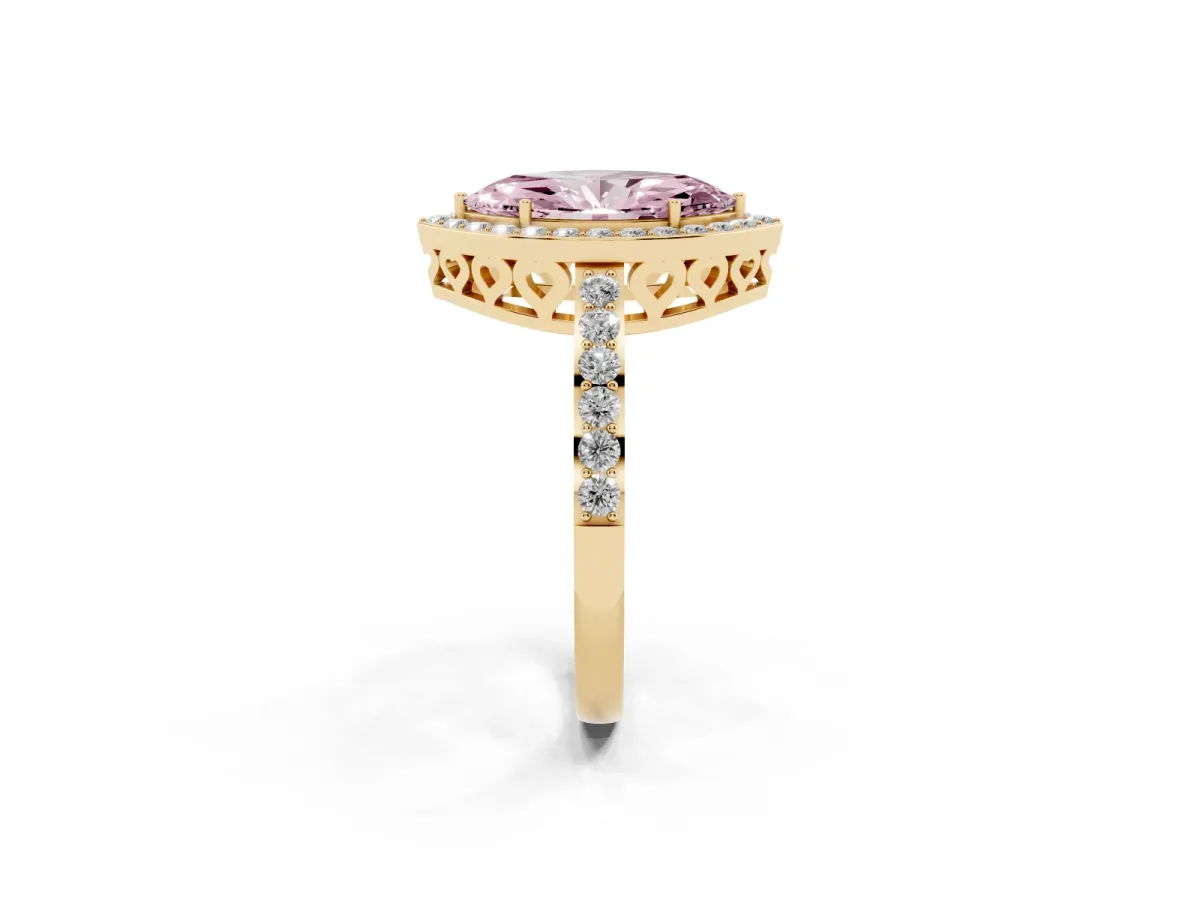 Fancy Pink Marquise Cut Halo Diamond Pavé Band Ring with Prong Setting Yellow gold