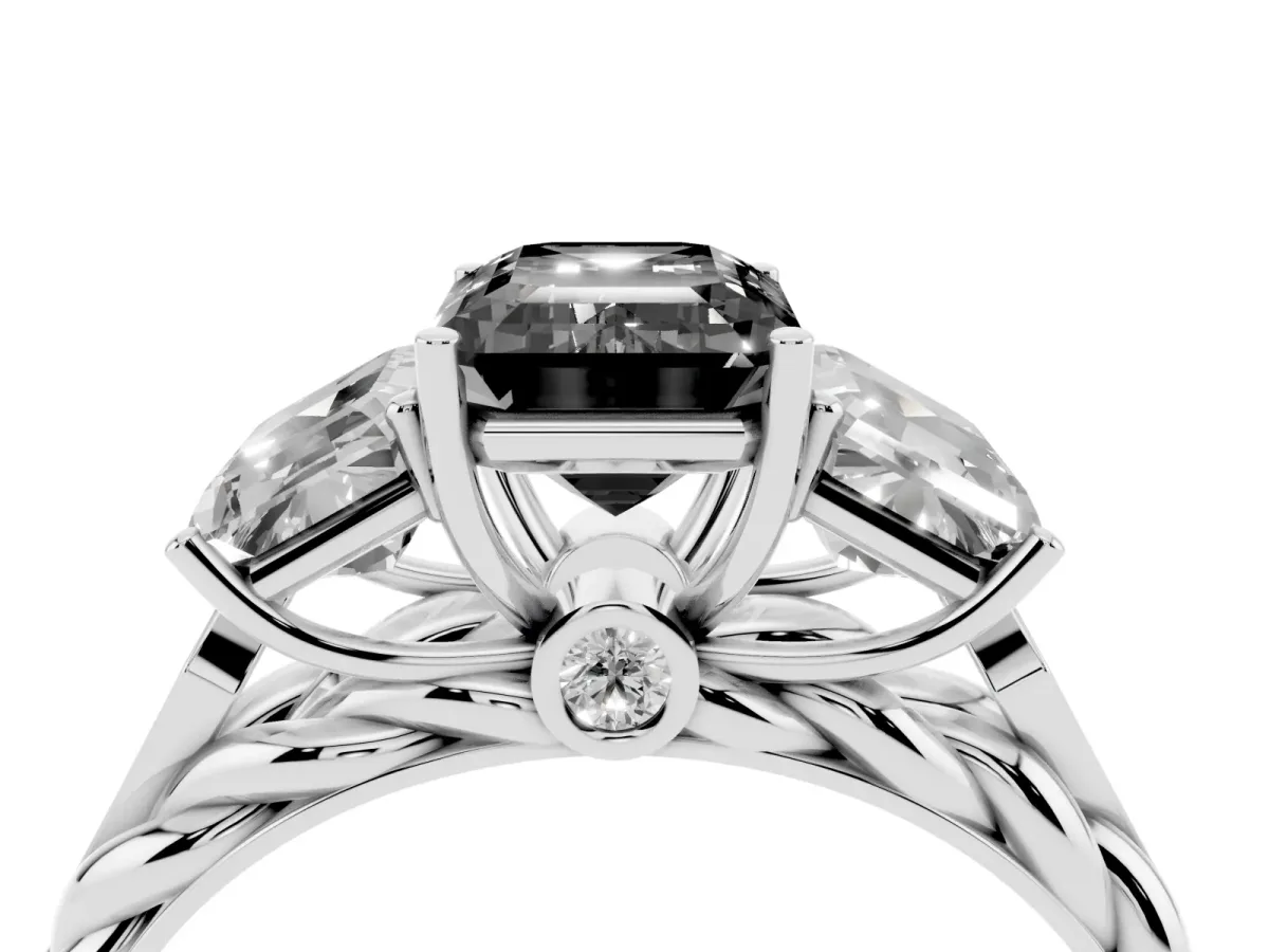 Fancy Black Three-Stone Emerald Cut Diamond Braided Band Ring with Four-Prong Setting Platinum