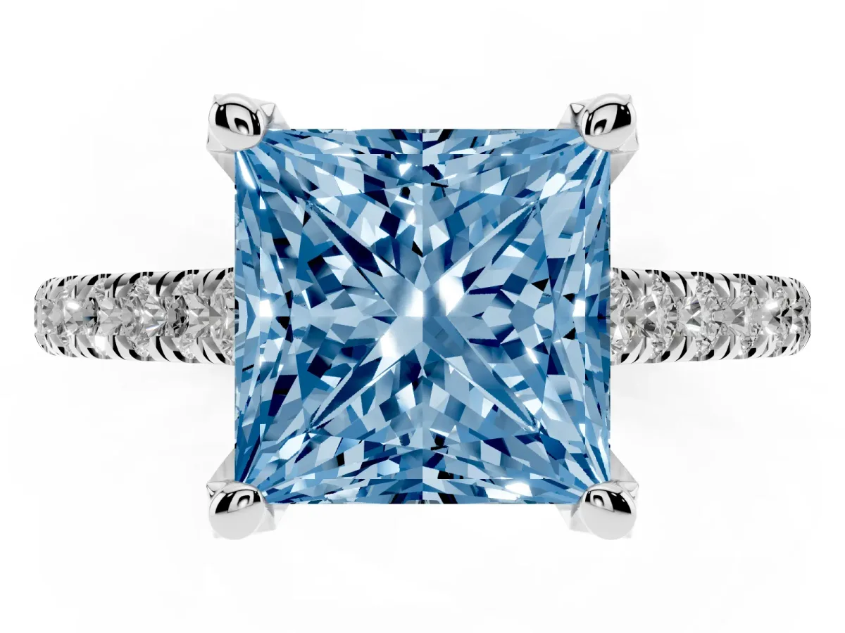 Fancy Blue Princess Cut Brilliant Diamond Solitaire with Pavé Band and Four-Prong Setting White gold