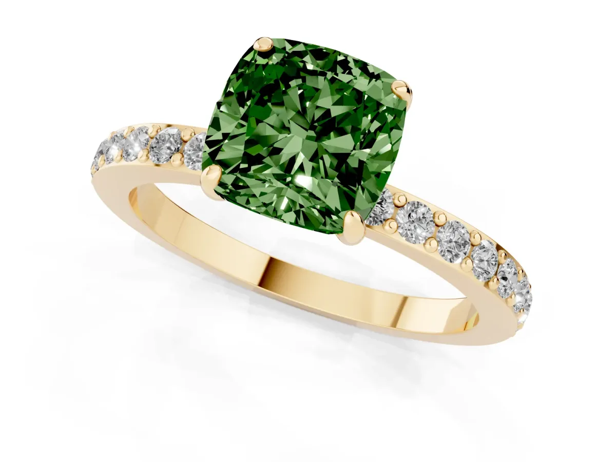 Fancy Green Cushion Cut Diamond Solitaire Engagement Ring with Pavé Band and Four-Prong Setting Yellow gold