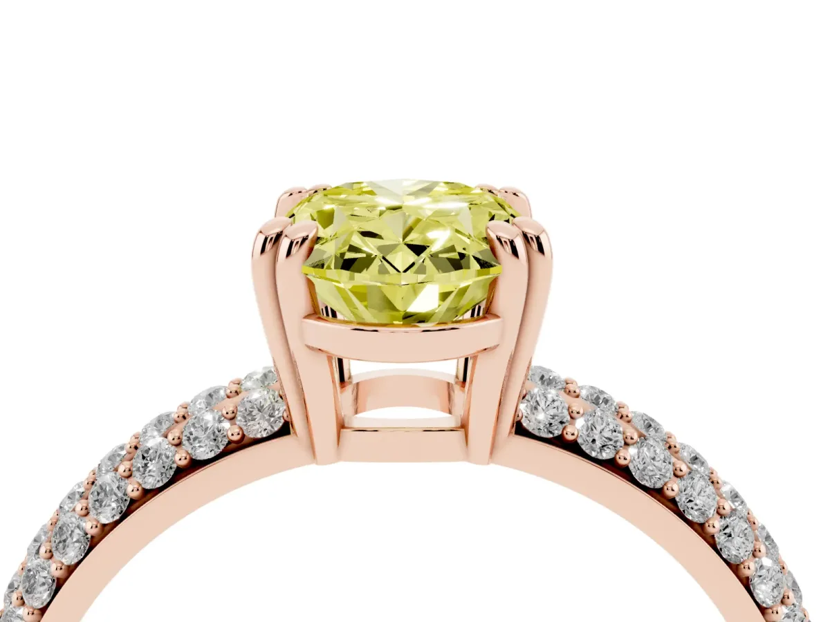 Fancy Yellow Oval Cut Diamond Solitaire Ring with Multi-Row Round Pavé Band and Prong Setting Rose gold