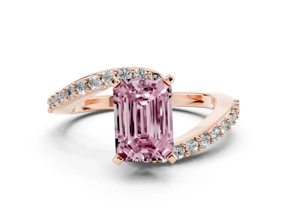 Fancy Pink Emerald Cut Solitaire Twist Band with Pave Set Diamonds and Four-Prong Setting Rose gold