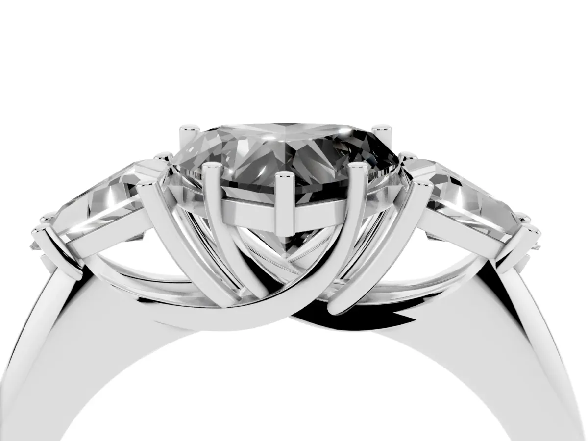 Fancy Black Three-Stone Heart Cut Diamond Engagement Ring with Trillion Side Stones and Prong Setting Silver