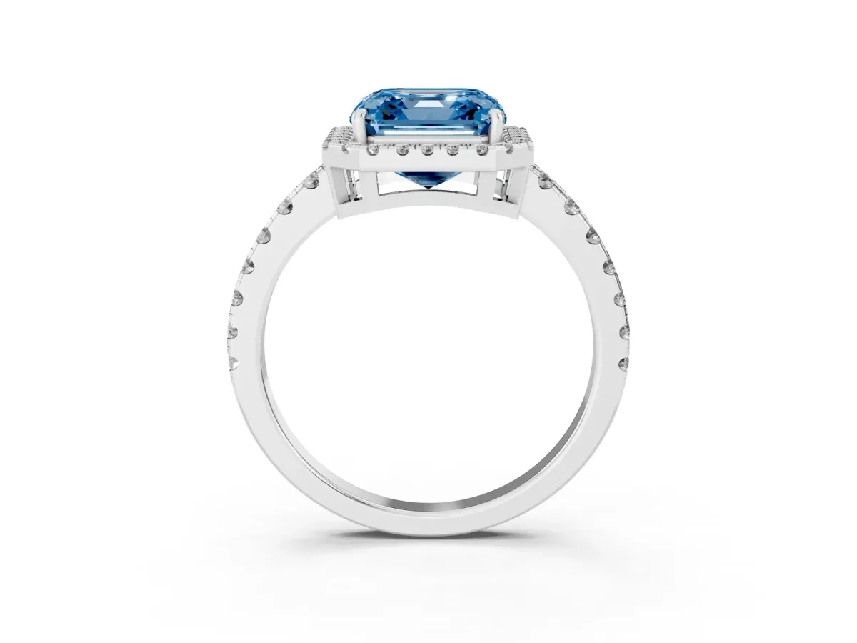Fancy Blue Asscher Cut Diamond Halo Ring with Pavé Band and Four-Prong Setting Platinum