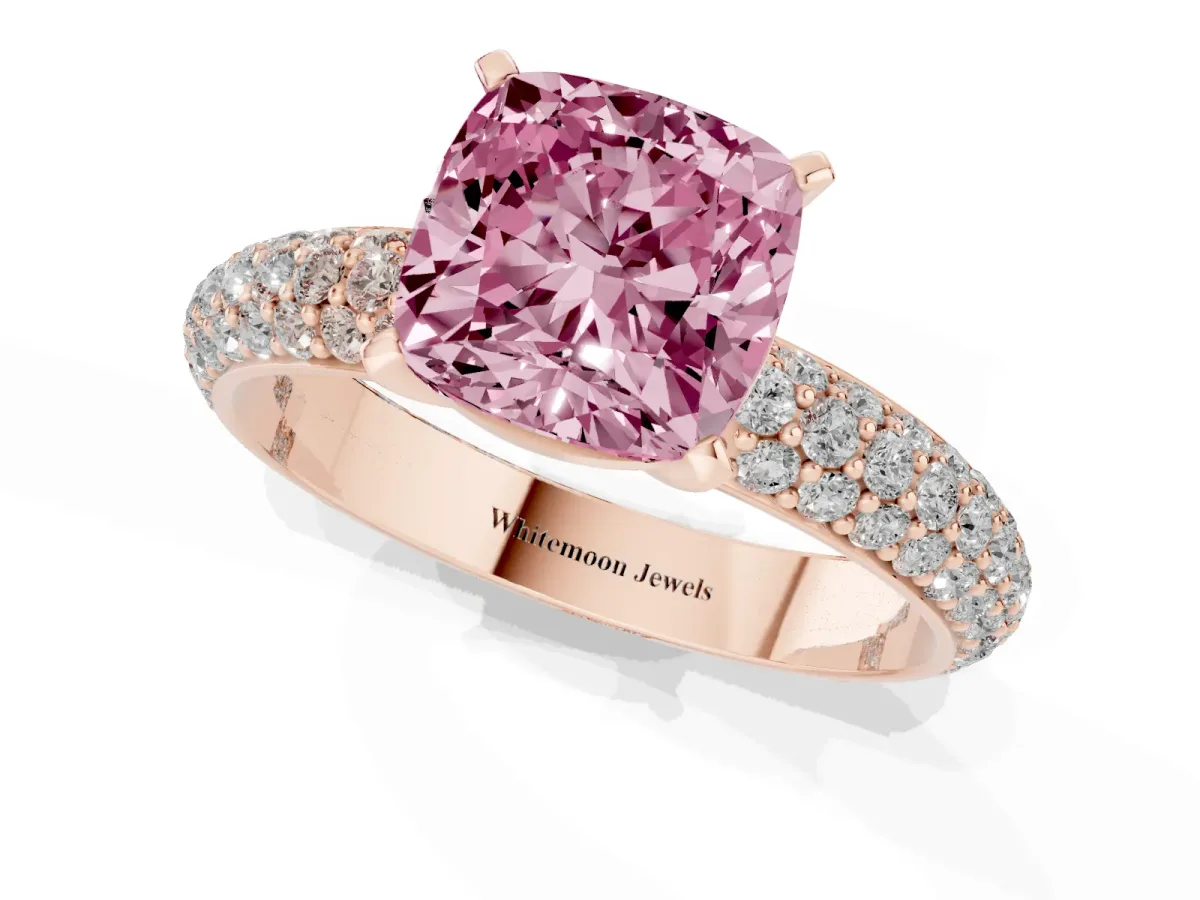 Fancy Pink Cushion Cut Diamond Solitaire Ring with Prong Setting and Pavé Band Rose gold