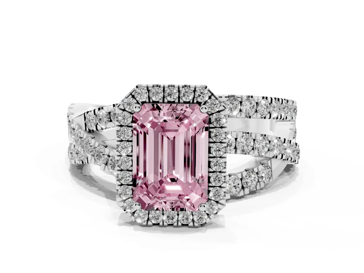 Fancy Pink Emerald Cut Diamond Halo Ring with Round Split Shank and Prong Setting Platinum