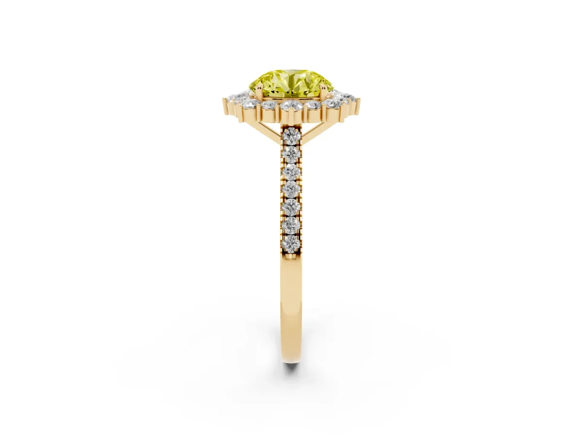 Fancy Yellow Round Cut Halo Diamond Ring with Pavé Band and Prong Setting Yellow gold
