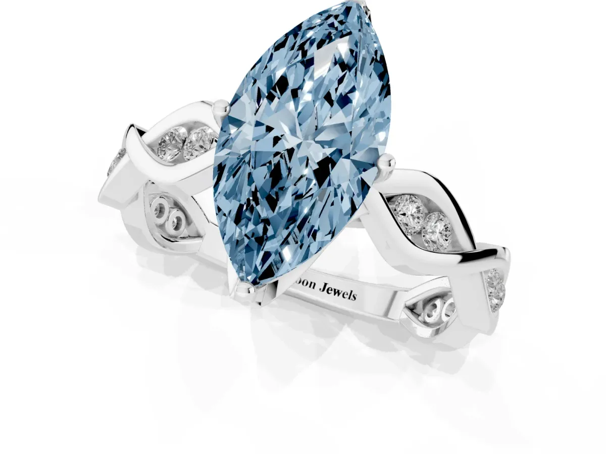 Fancy Blue Marquise Cut Solitaire Twist Band with Leaf Prong Setting Silver