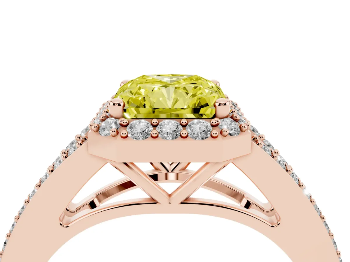 Fancy Yellow Radiant Cut Halo Split Shank Diamond Ring with Prong Setting Rose gold