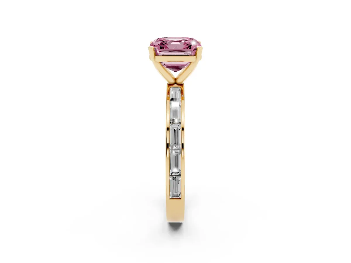 Fancy Pink Asscher Cut Solitaire Diamond Ring with Channel-Set Baguette Band and Four-Prong Setting Yellow gold